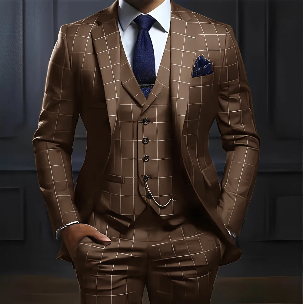 Men’s Plaid Three-Piece Suit for Weddings and Business