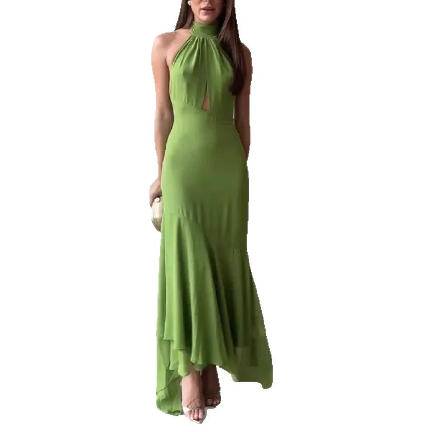 Temperament Halter Neck Long Dresses Green Backless Leace-up Elegant LADYLYS