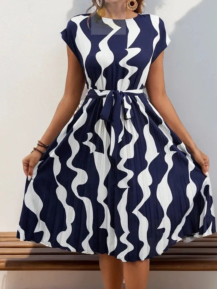 Spring Summer O Neck Pleated Medium Long Dress Fashion Print Lace-up Dress LADYLYS