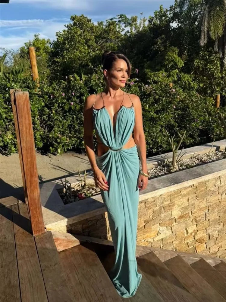 Deep V Cutout Ruched Maxi Gown – Spaghetti Strap Sleeveless Evening Dress