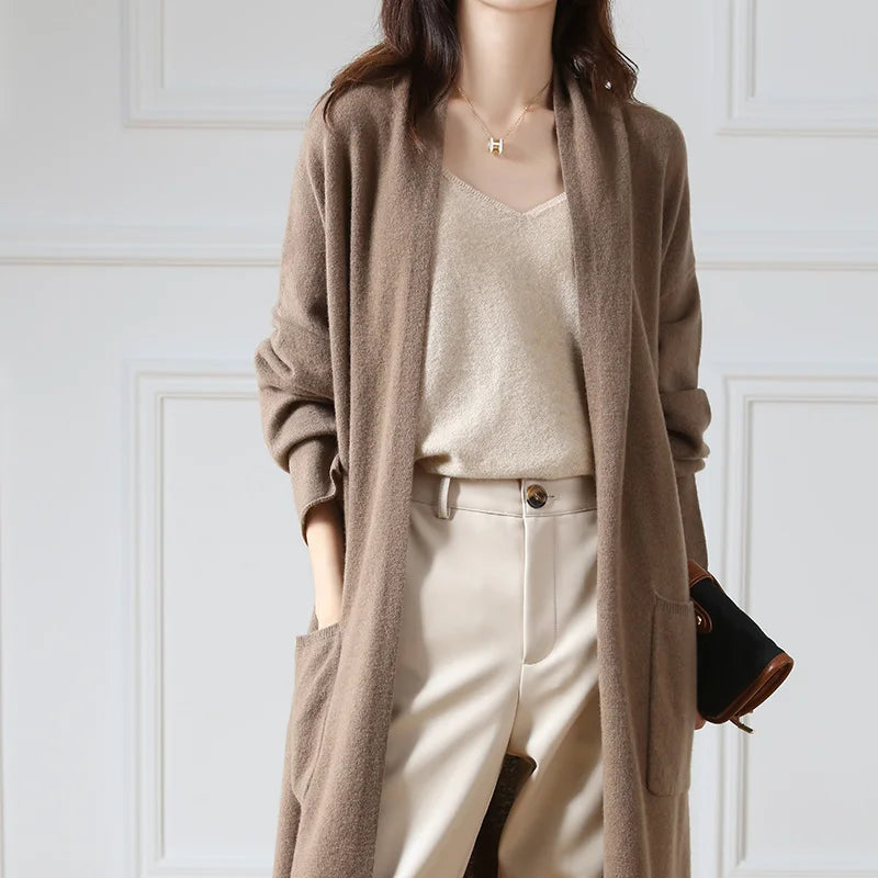 Women's Long Wool V-Neck Cardigan, Loose Fit