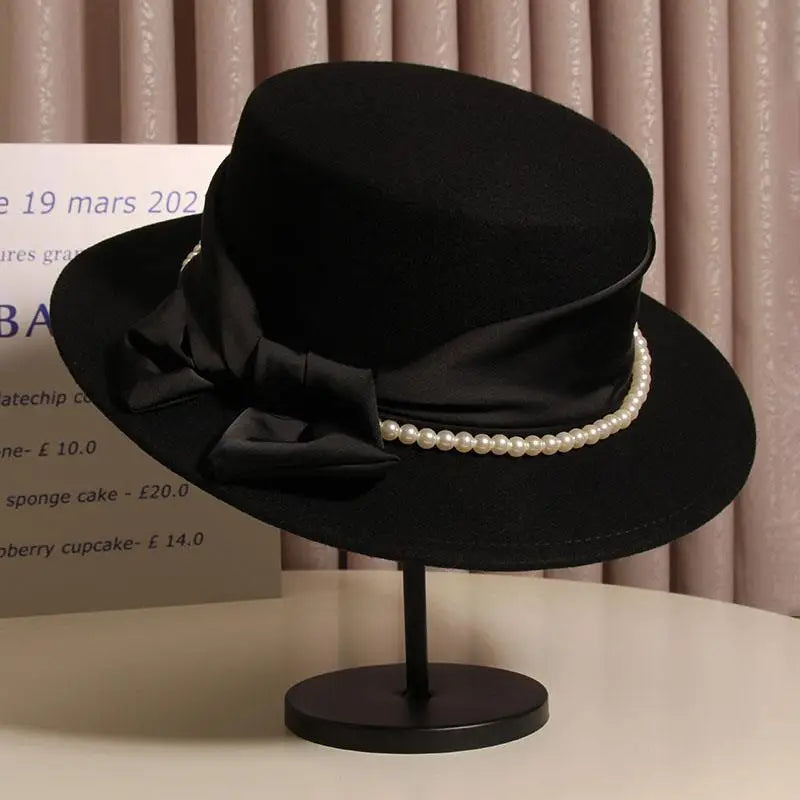 French Light Luxury Pearl Bow  Felt Flat Top Formal Hat Elegant LADYLYS