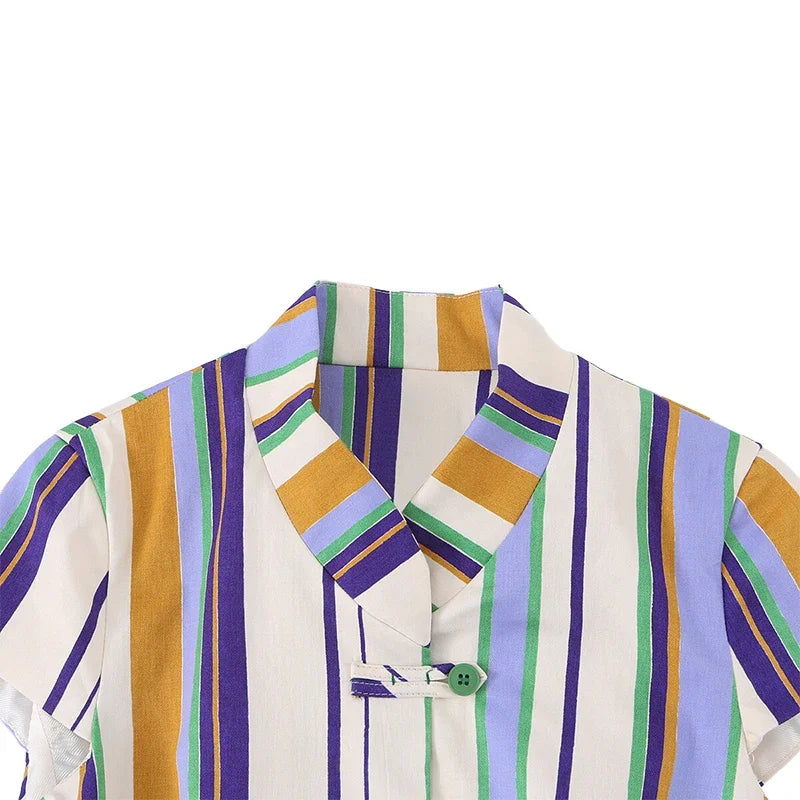 Casual Striped Shirt Trouser Suits Women Short Sleeve V-Neck Button Top LADYLYS