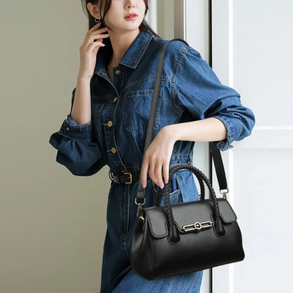 Women's Leather Top-Handle Bag with Woven Handle
