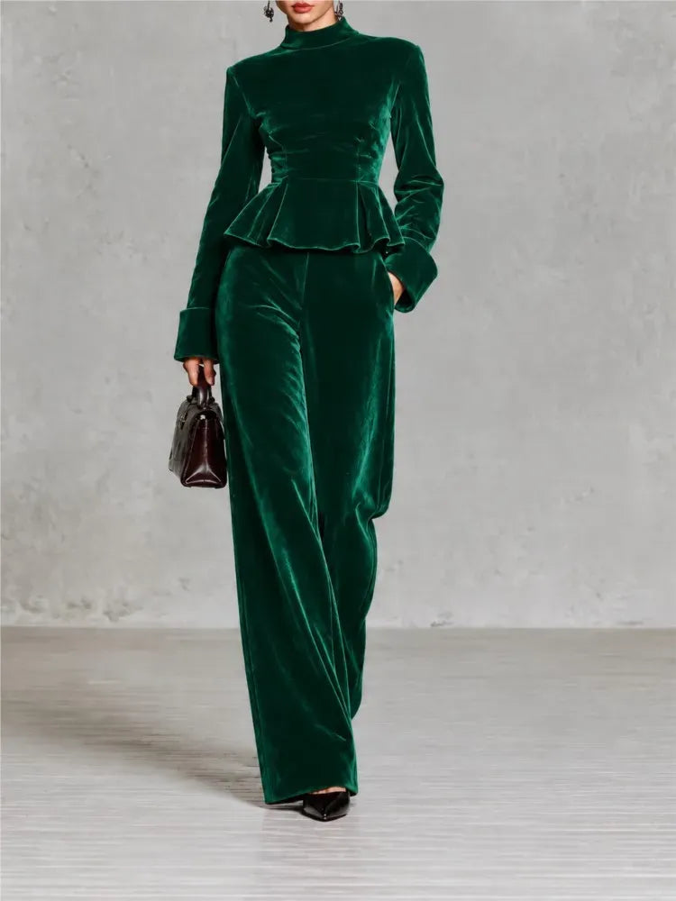 Women's Velvet Two-Piece Set with Wide-Leg Trousers