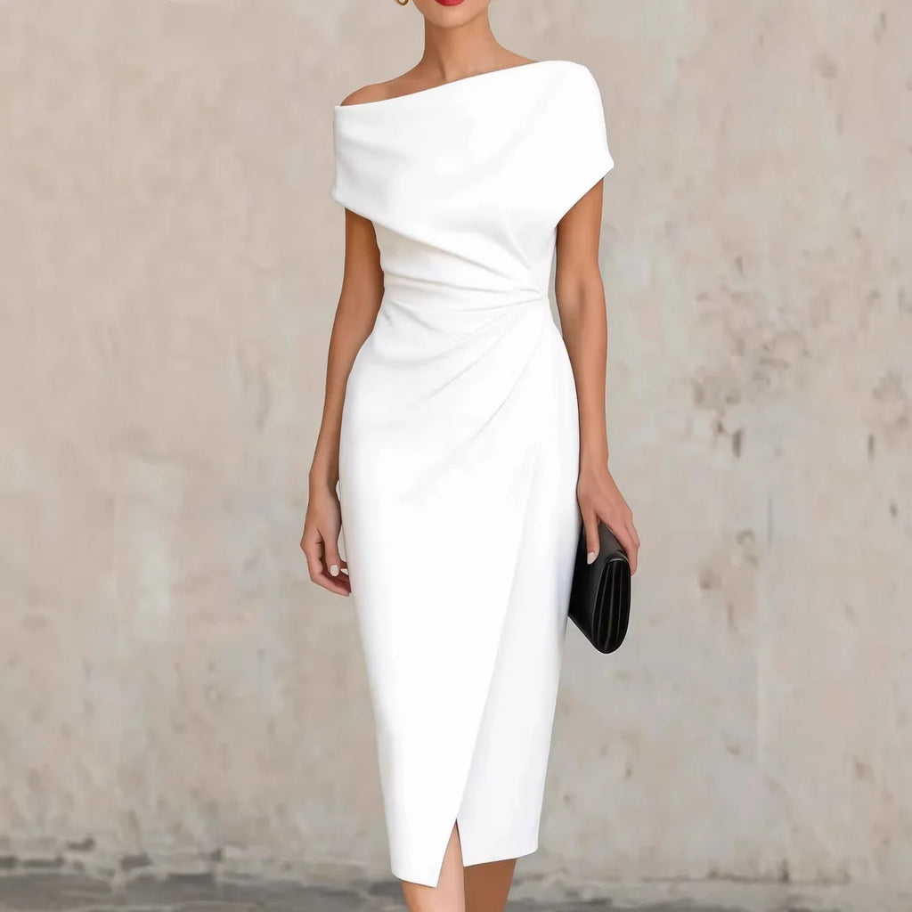Asymmetrical Off-Shoulder Draped Midi Dress – Ruched Waist Split Pencil Dress