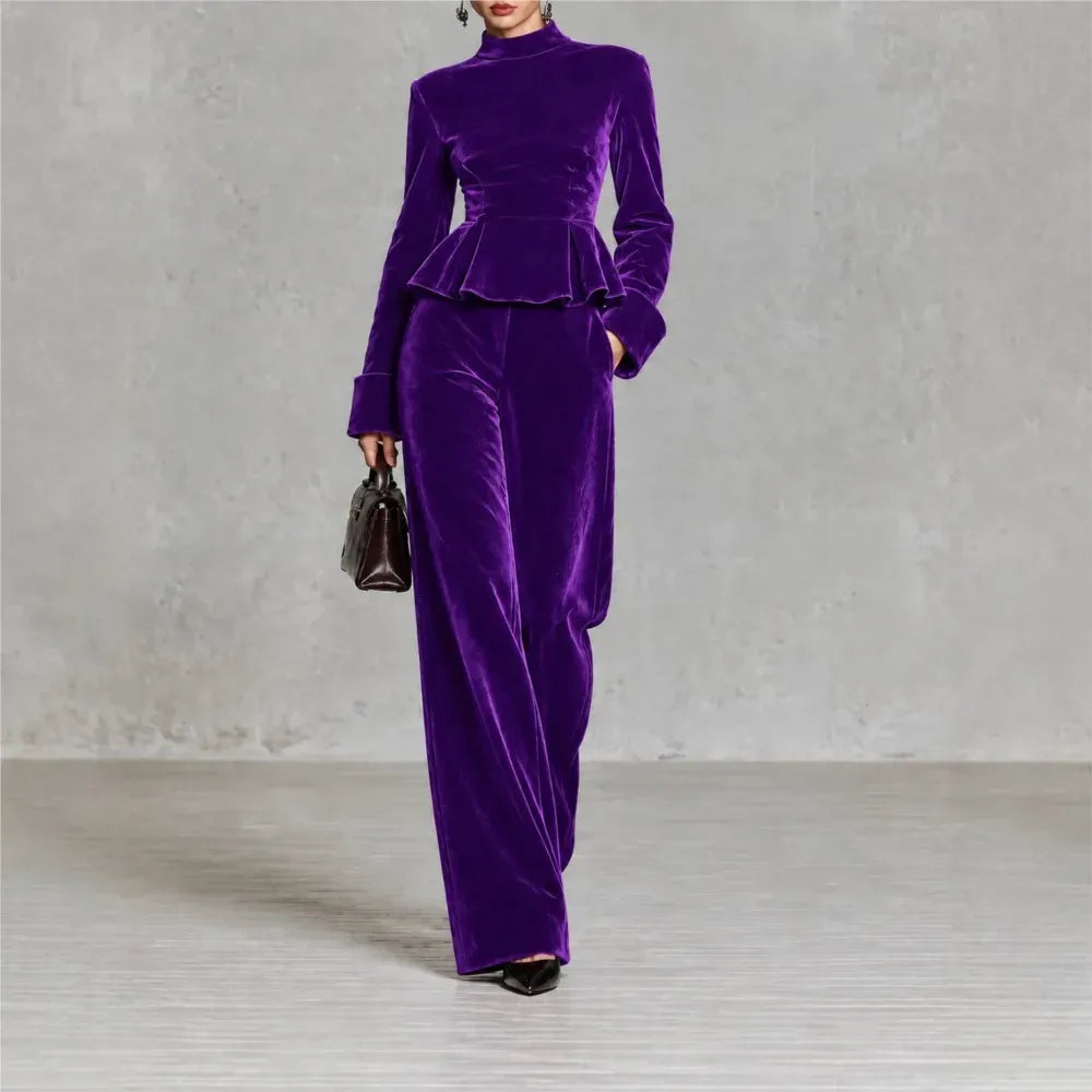 Women's Velvet Two-Piece Set with Wide-Leg Trousers