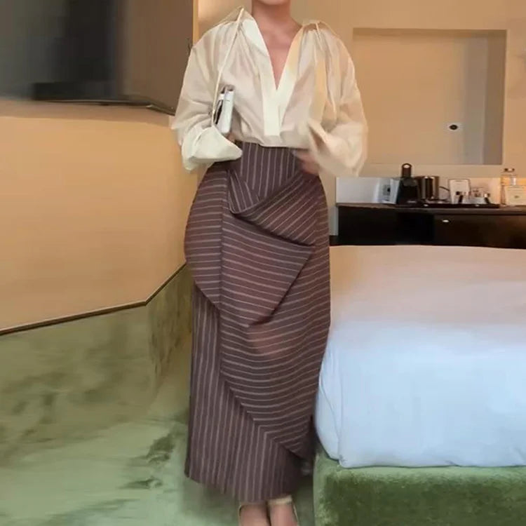 Striped Asymmetric Midi Skirt & Ribbon Tie Blouse Set – Women’s 2-Piece Summer Suit
