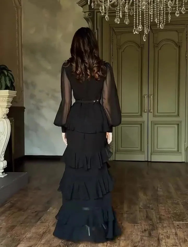 Women's Elegant Layered Ruffle Maxi Dress with Long Sleeves and Belt