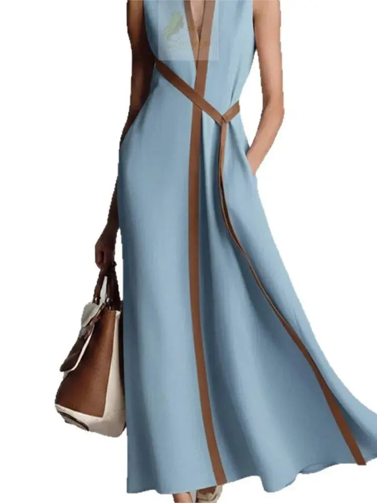 Retro Striped Splicing Cotton Linen Sleeveless Women's Dress Temperament LADYLYS