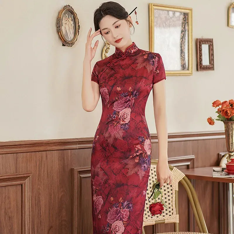 Printed Short-Sleeve Qipao-Inspired Midi Dress