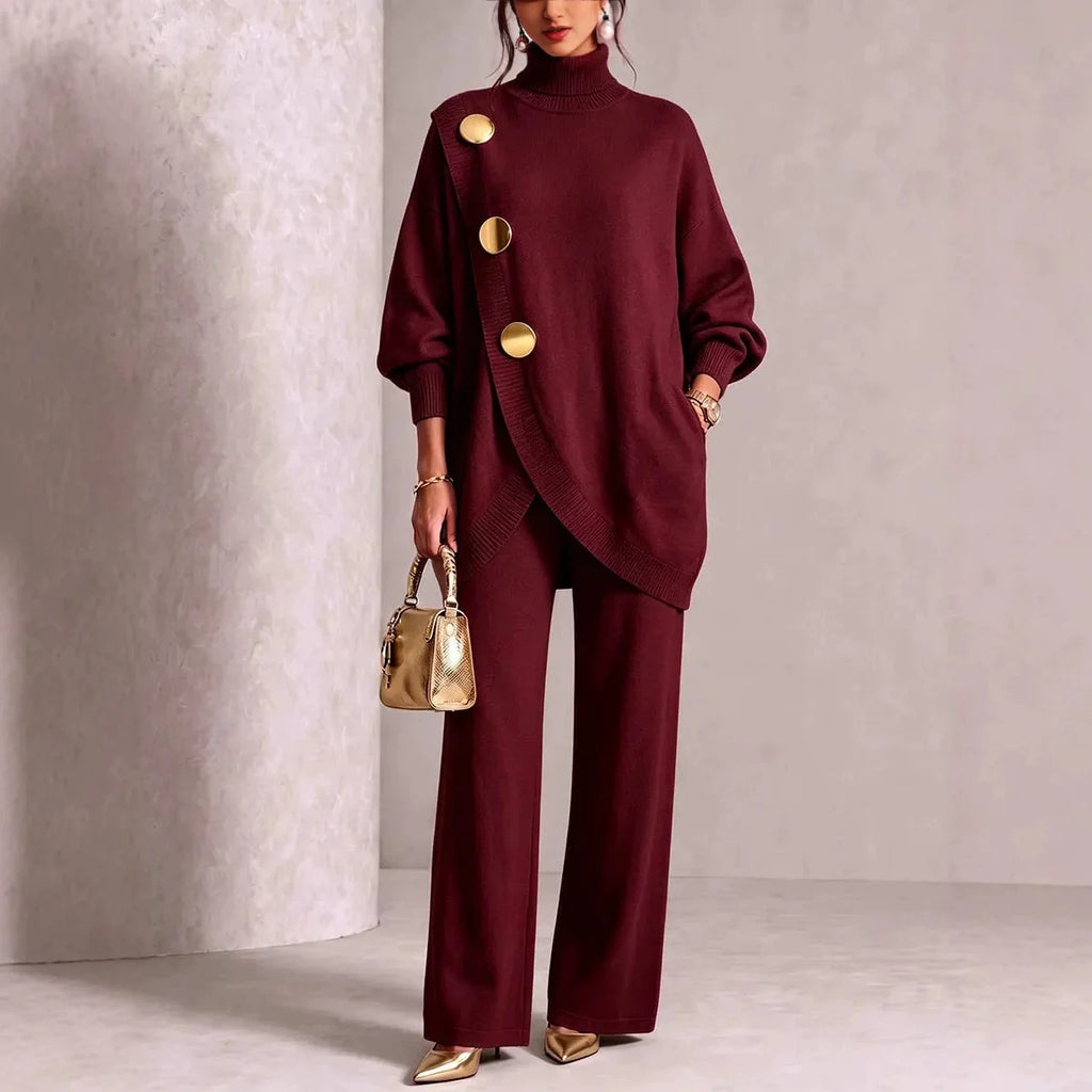 Women's Knit 2-Piece Set: Turtleneck Sweater and Wide-Leg Trousers