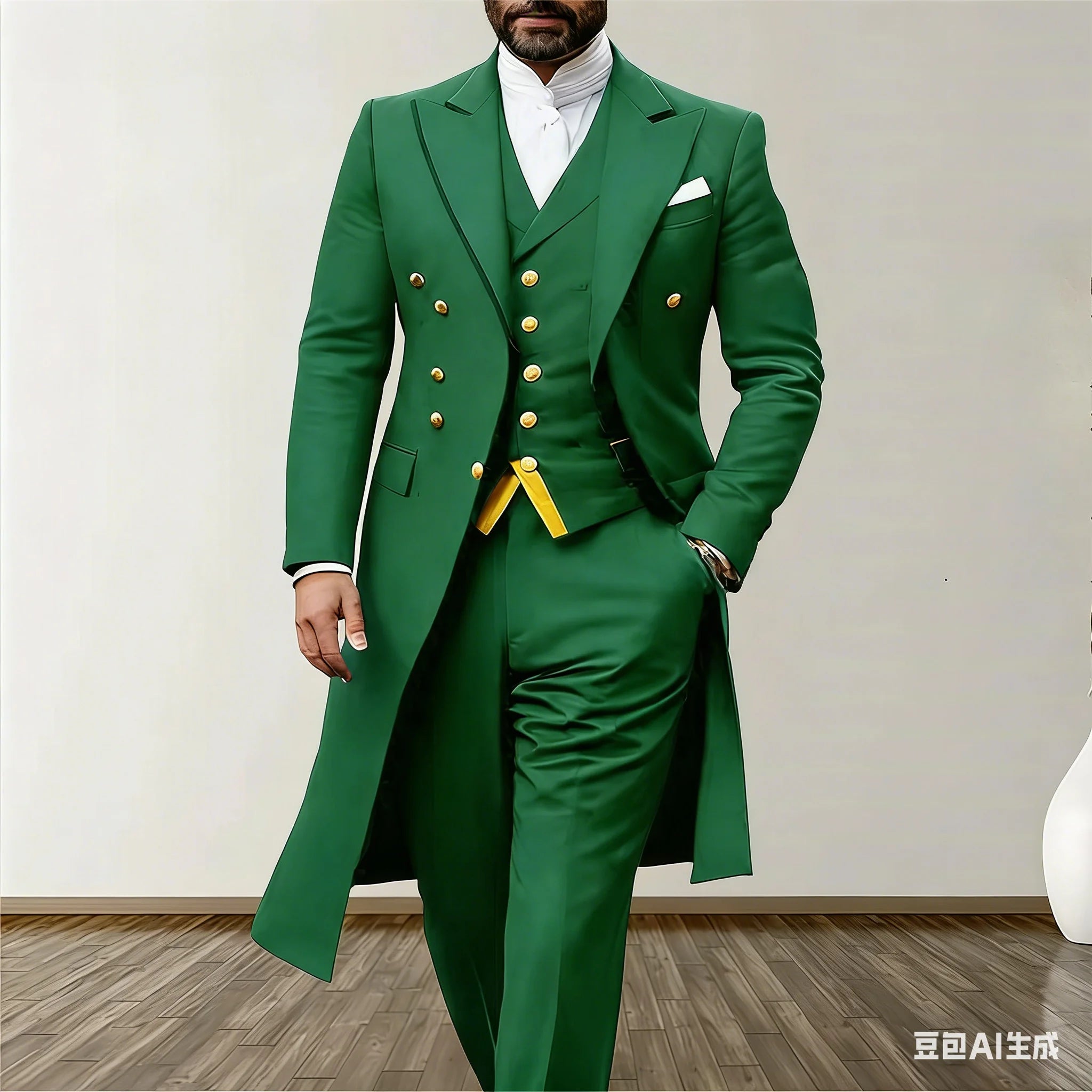 Men Suits 3 Piece Long Blazer Vest Pants Satin One Button Tuxedo LADYLYS
