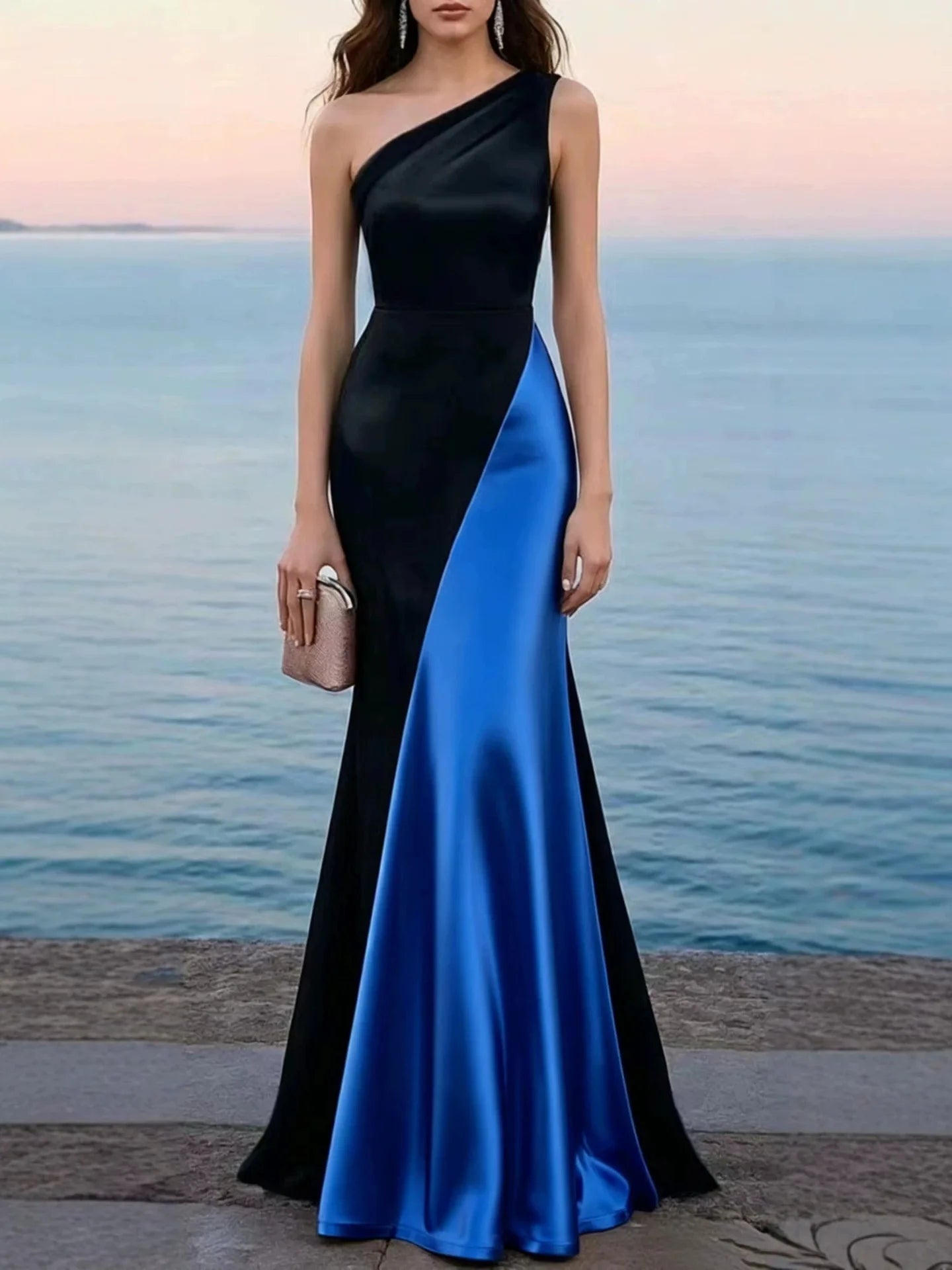 Women's Luxury Satin One-Shoulder Mermaid Gown — Black & Red Patchwork Evening Dress