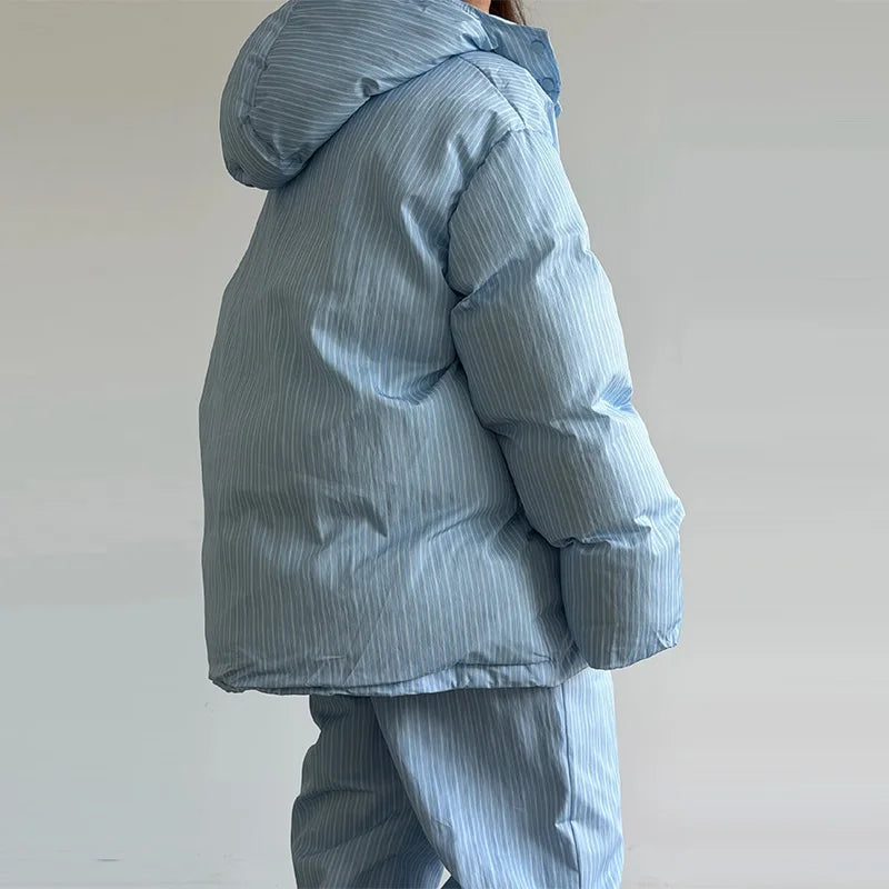 Women's Striped 2-Piece Set – Zip-Up Hooded Puffer Coat & Wide-Leg Jogger Pants | Warm Winter Suit