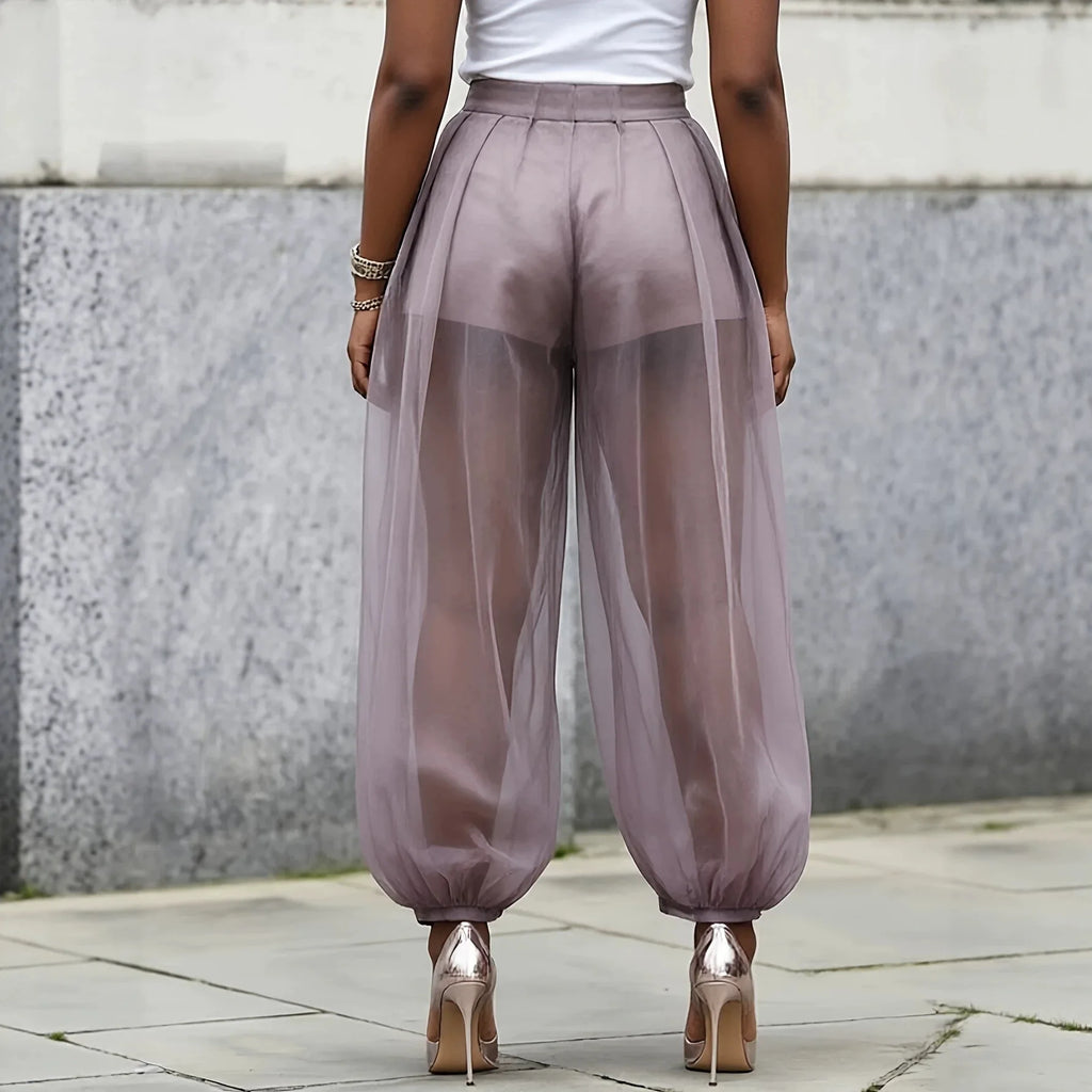 Women's Sheer Mesh Tulle Balloon Pants — High-Waist Elastic Cuff Bloomer Trousers | Elegant Casual