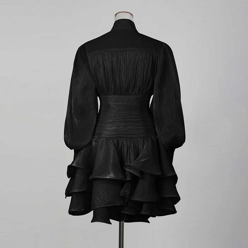 Solid Spliced Ruffles Dress Female Stand Collar Long Sleeve Loose French Elegant LADYLYS