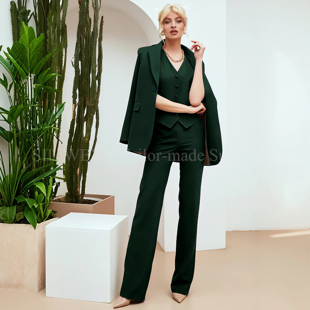 Chic Green 3-Piece Women's Suit – Slim Fit Blazer, Pants & Vest | Formal Office Set