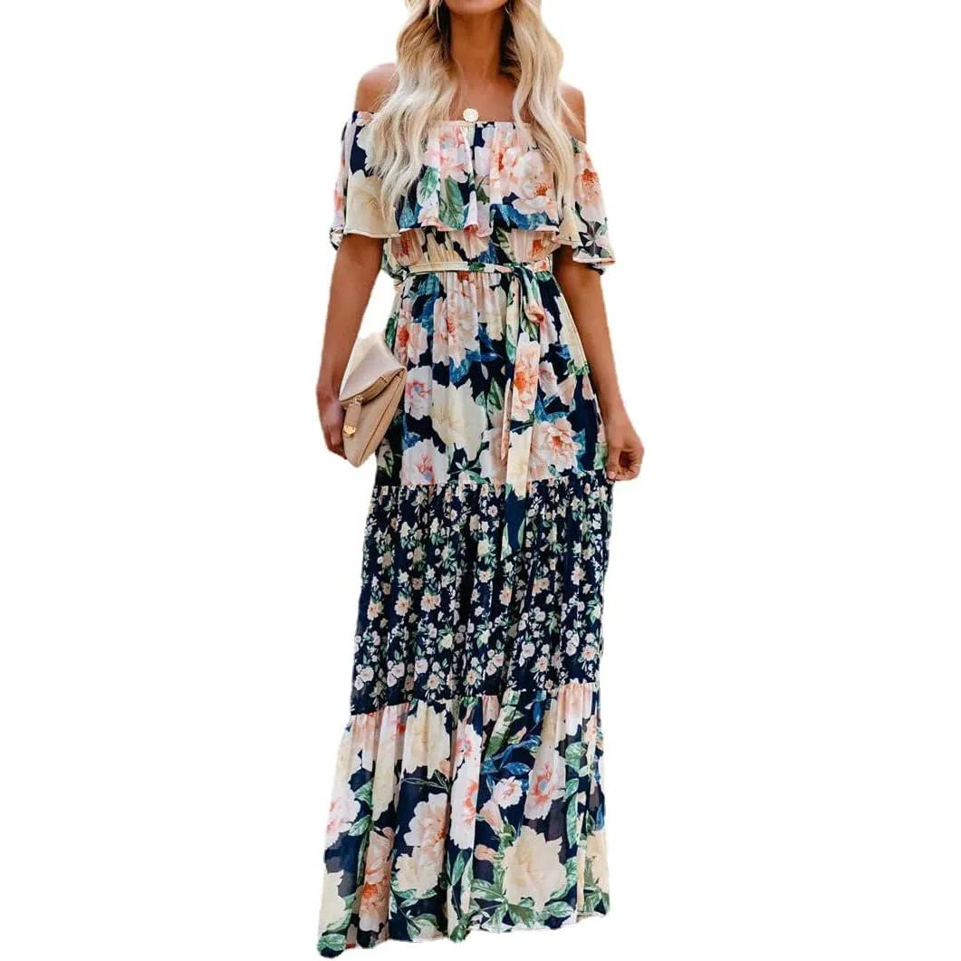 Ethnic Mexican Cinco De Mayo Summer Floral Print Off Shoulder Dress LADYLYS