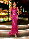 Sleeveless V-Neck Sequin Mermaid Midi Dress