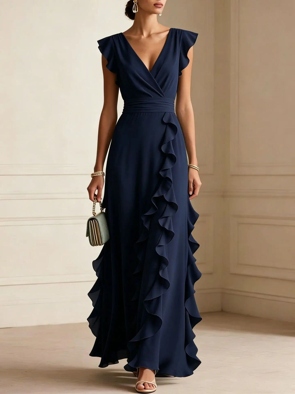 Women's Elegant Ruffle Sleeveless V-Neck Maxi Dress – Bohemian Party & Evening Gown