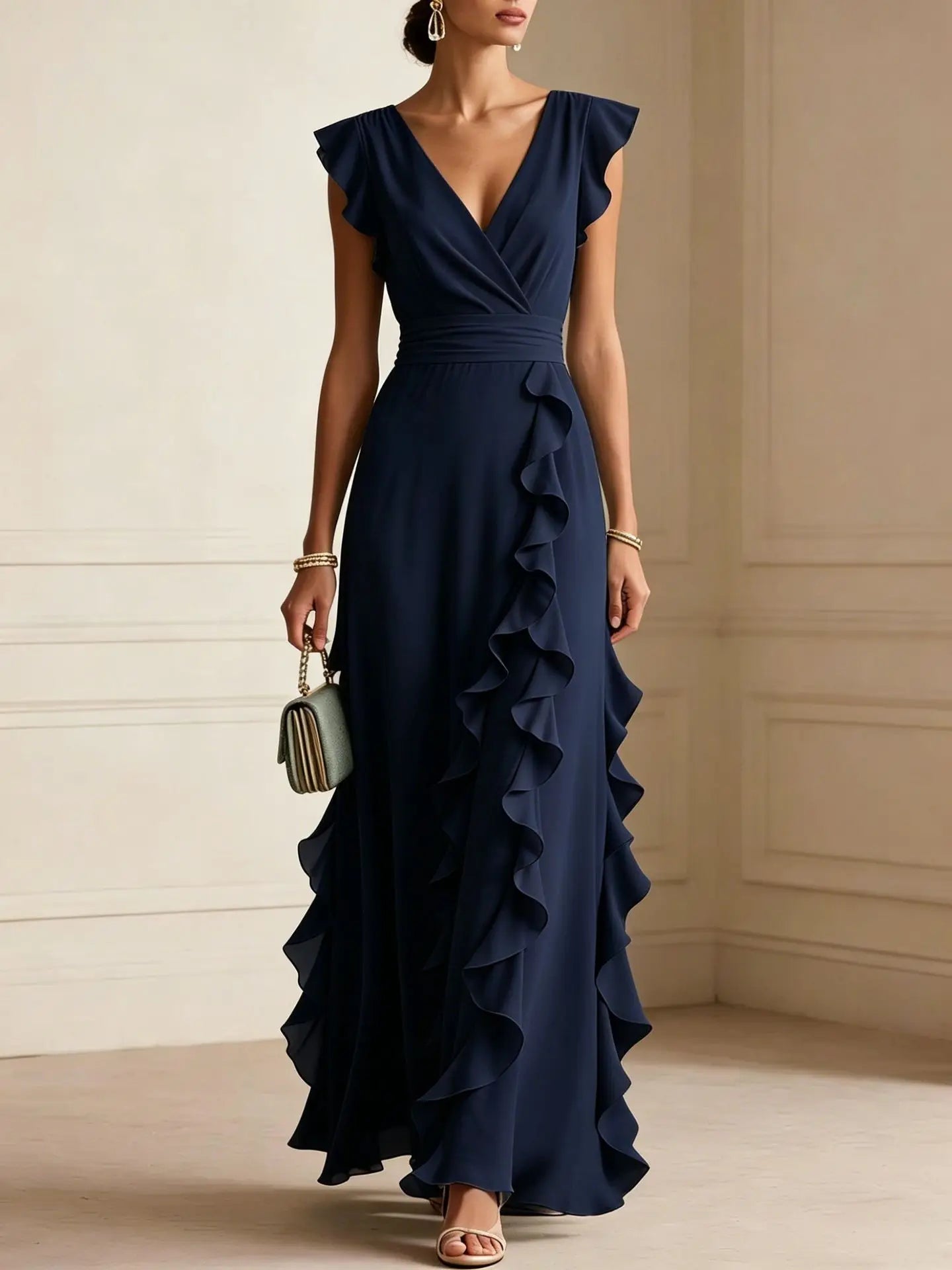 Women's Elegant Ruffle Sleeveless V-Neck Maxi Dress – Bohemian Party & Evening Gown