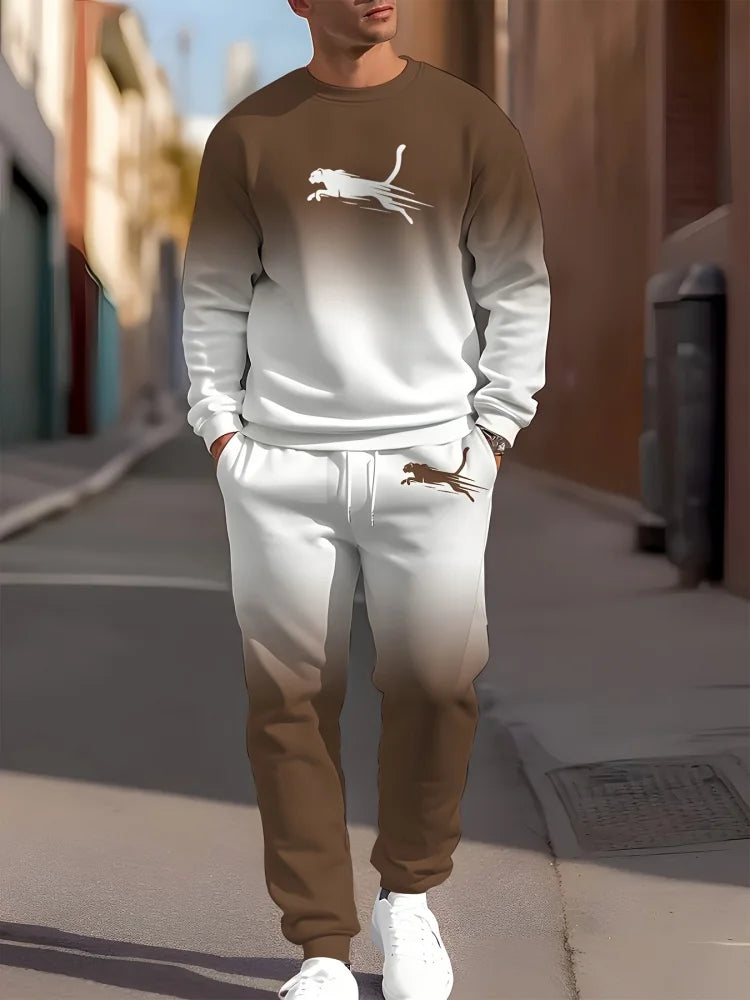 Men's Gradient Print Crew Neck Long Sleeve Top & Casual Pants — 2-Piece Set