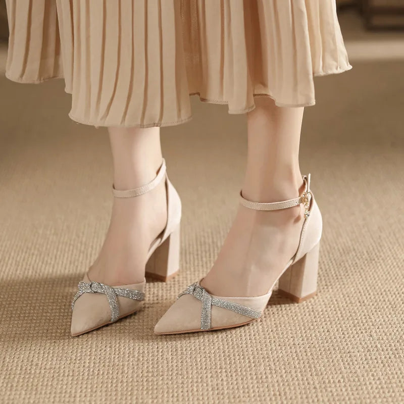 Chunky Heel Hollow Point Toe High Heels Women Shoes Solid Color Ankle Strap Rhinestone Black Heels LADYLYS