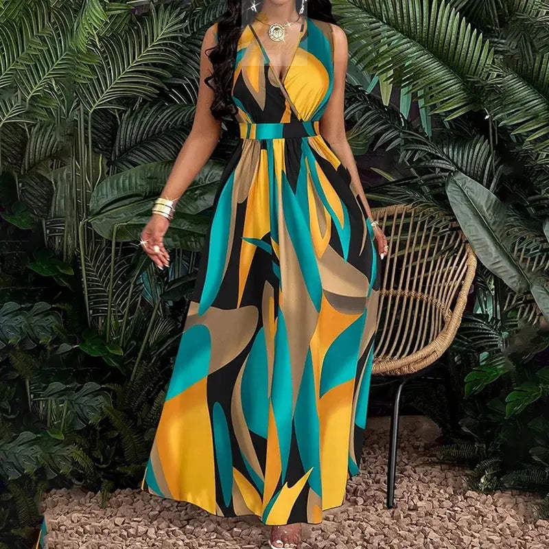 Temperament Printed Waist Cinching Dress, Summer V-neck Elegant LADYLYS