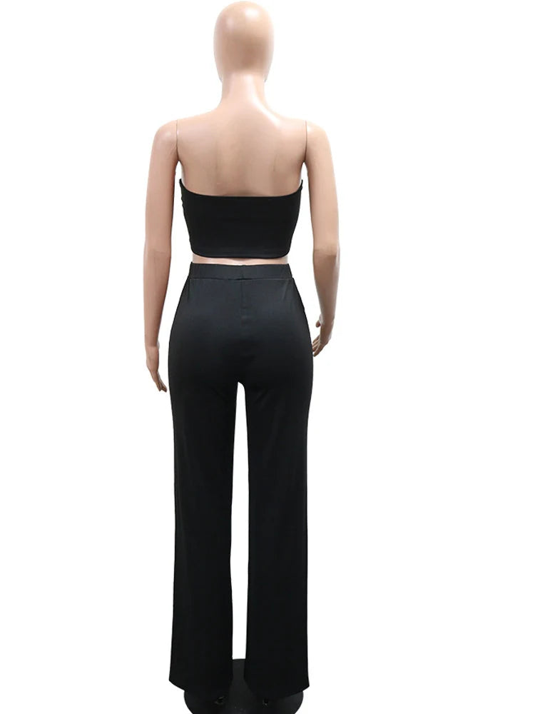 Women's 2-Piece Set – Strapless Flower Patchwork Crop Top & High-Waist Wide-Leg Trousers | Y2K Clubwear