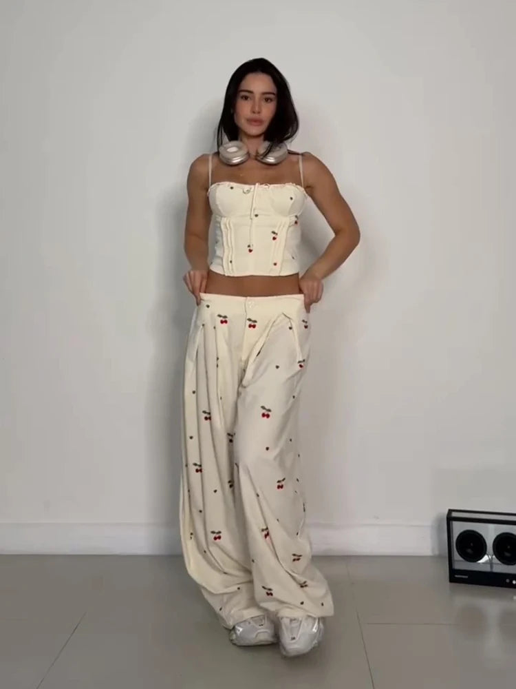 Sexy Print Vest Pants Women Set Beach Patchwork Slash Neck Lace Up Top LADYLYS