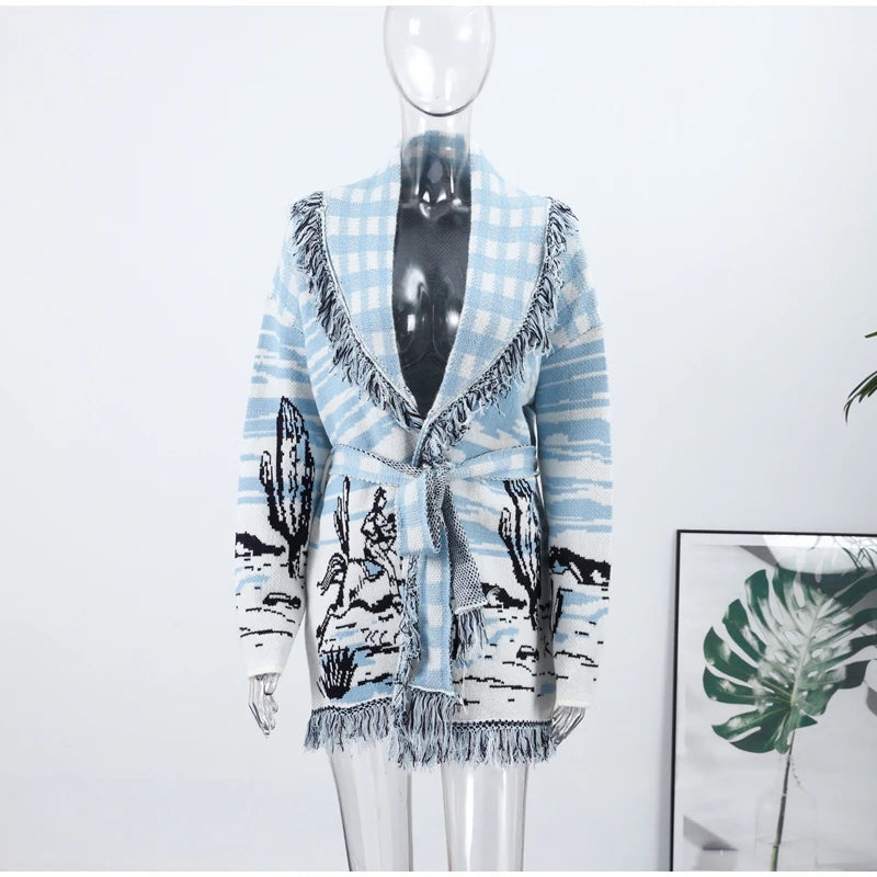 Women's Jacquard Knit Wrap Cardigan with Belt and Fringe Trim