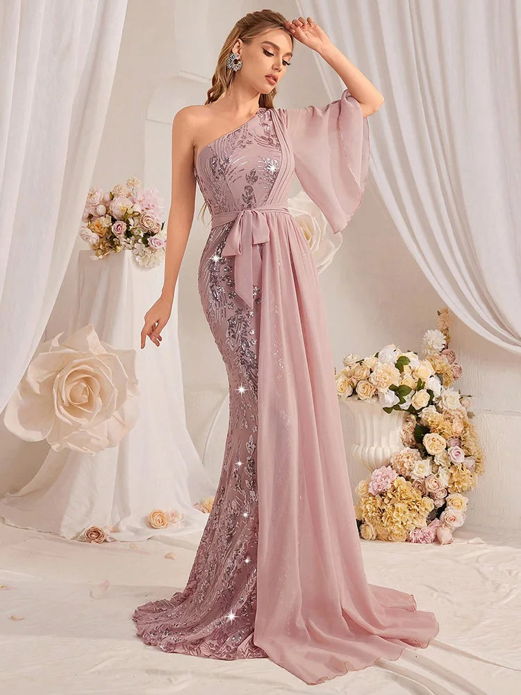 Sequin One-Shoulder Maxi Gown – Sparkle Patchwork A-Line | Luxury Formal Evening Dress