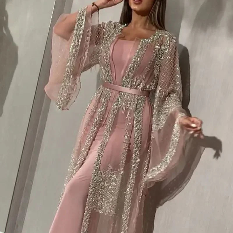 Sequined Maxi Dress with Belt, Large Swing Type, Loose Full Flare Sleeve, muslim Dress,  2 Pieces Set LADYLYS