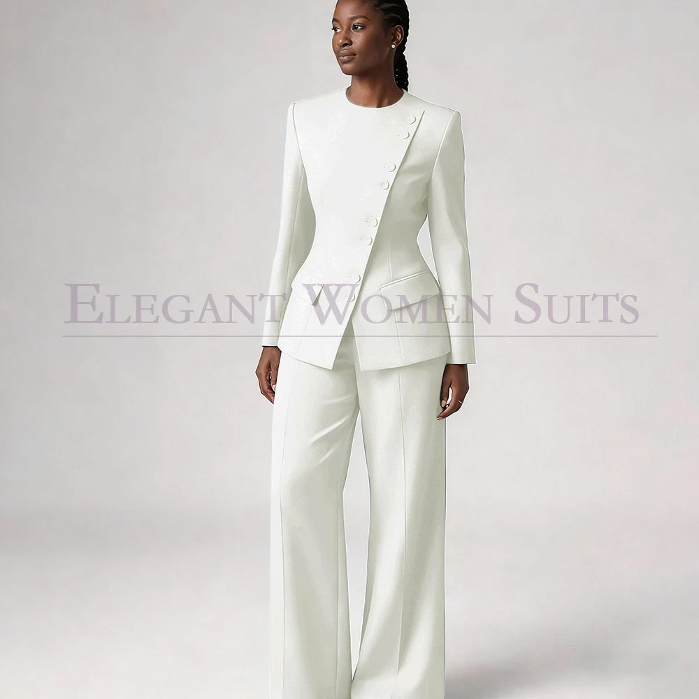 Single Breasted Women's Suits Blazer Luxury O-neck Regular Length 2 Piece LADYLYS