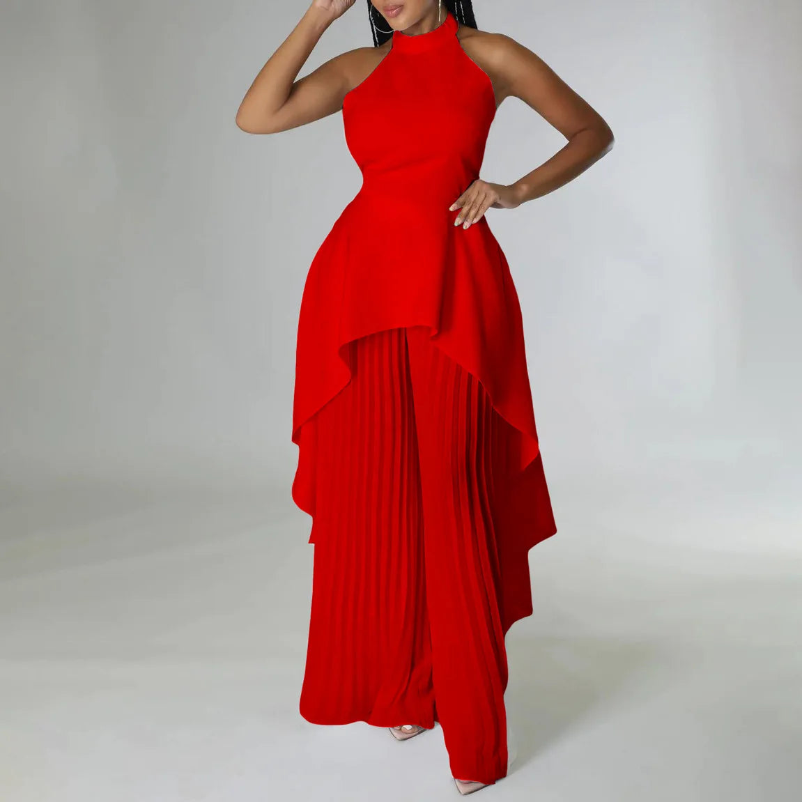 Elegant Tow Piece Set Women Outfit Backless Top Hundred Pleated Wide Leg Pants LADYLYS