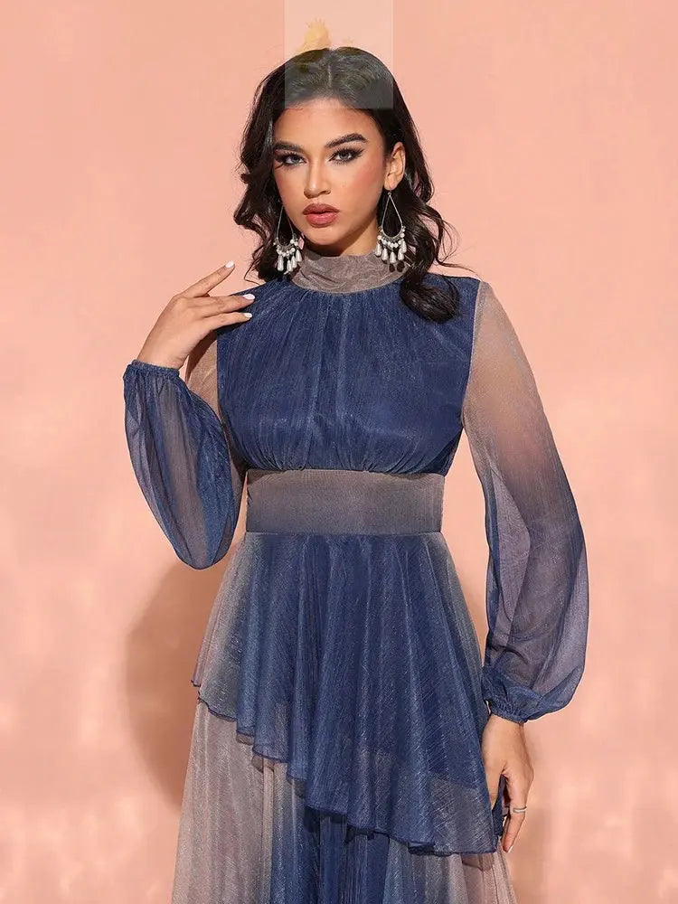 Luxury Elegant Dress With Stand Collar, Lantern Sleeves, And Ruffle LADYLYS