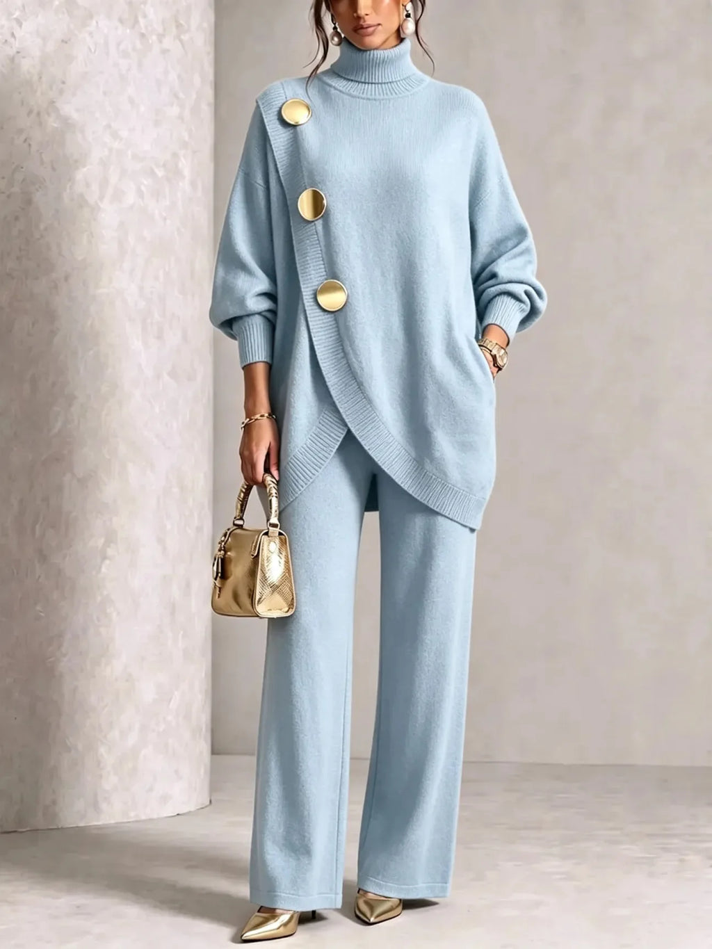 Women's Knit 2-Piece Set: Turtleneck Sweater and Wide-Leg Trousers
