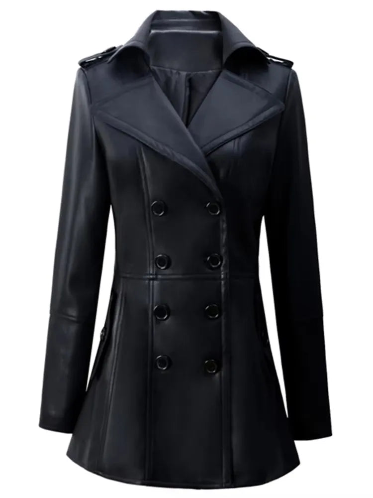 Women's Fitted Faux Leather Blazer – Double-Breasted, Elegant Office Jacket