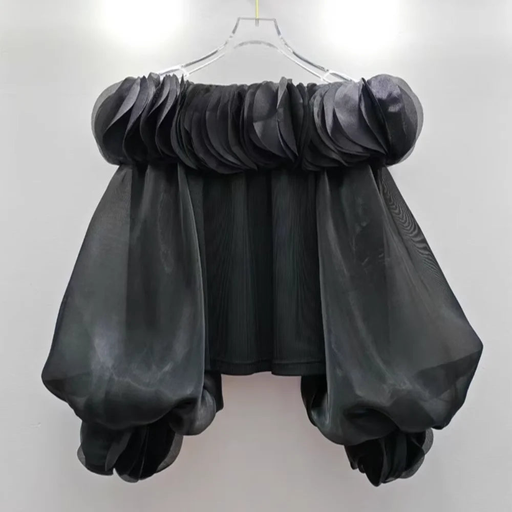 Neploe Temperament Slash Neck Advanced Western Shirt Short All-match Ruffles French Literary