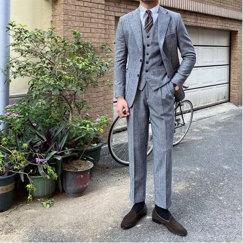 Men's Slim-Fit Herringbone Three-Piece Suit