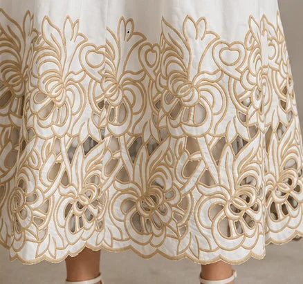 Embroidered Hollow-Out Top & Skirt Set – Elegant Color Block 2-Piece