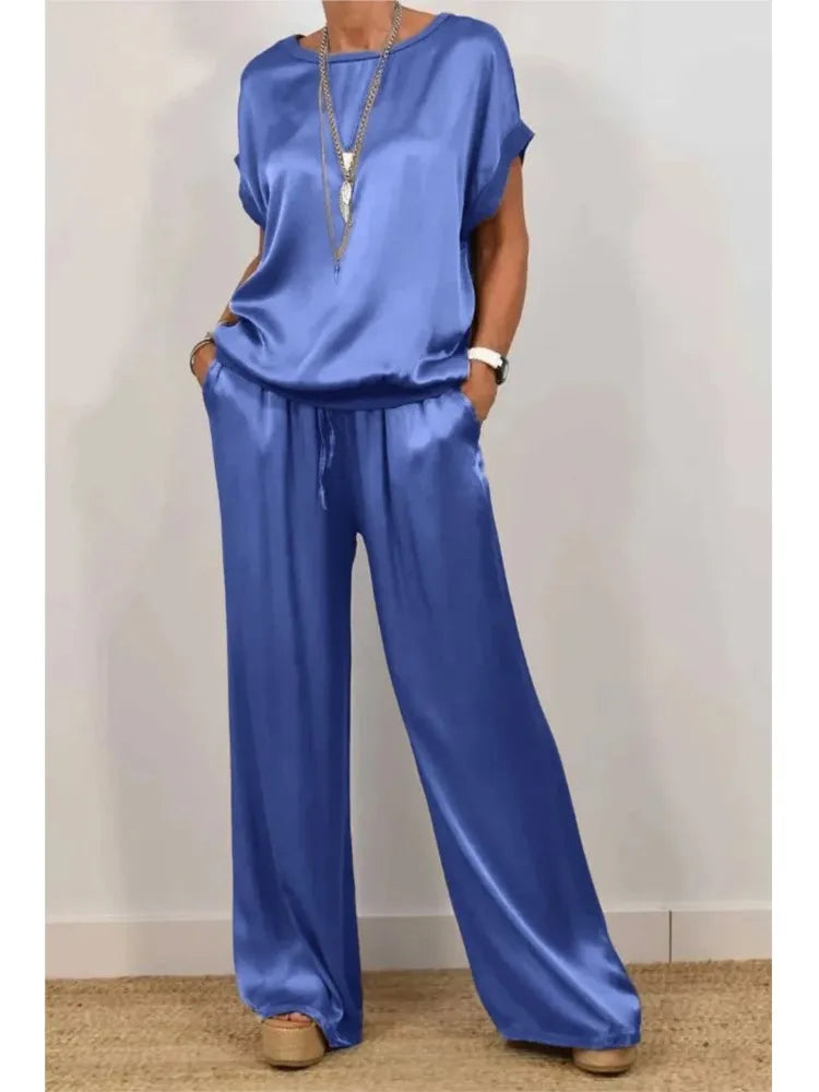 2-piece Set Fashion Satin O Neck T-shirt Top Trousers Summer Retro Elegant LADYLYS
