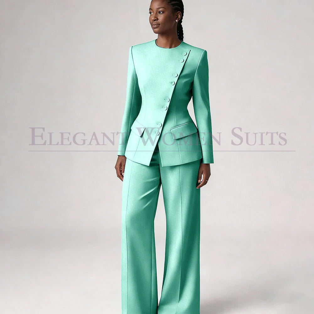 Single Breasted Women's Suits Blazer Luxury O-neck Regular Length 2 Piece LADYLYS