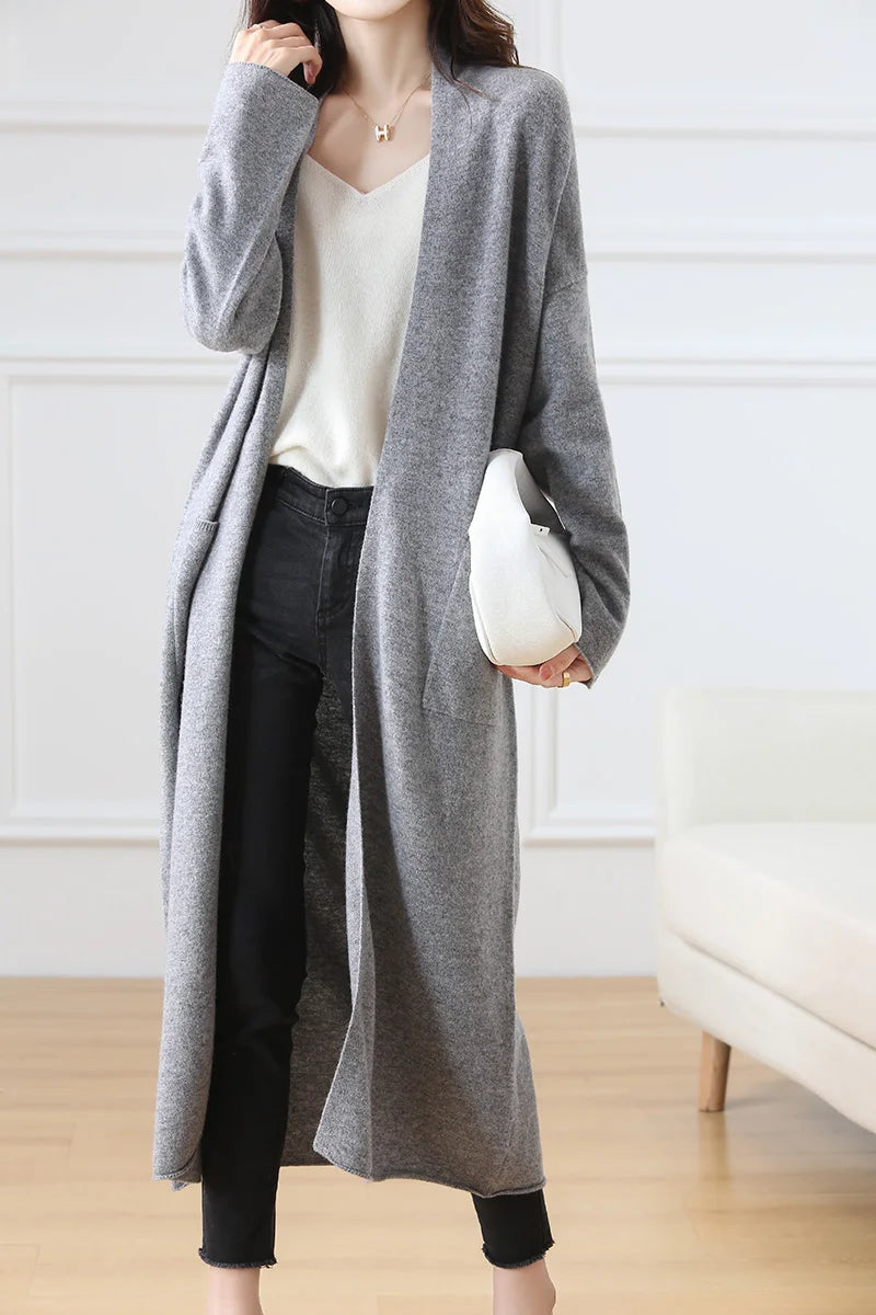 Women's Long Wool V-Neck Cardigan, Loose Fit
