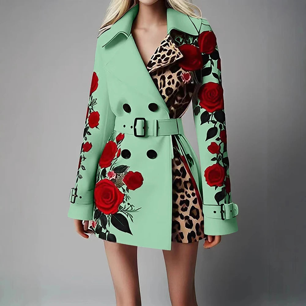 Chic Trench Coat Red Rose Leopard Print Double Breasted Belted Lapel Long LADYLYS