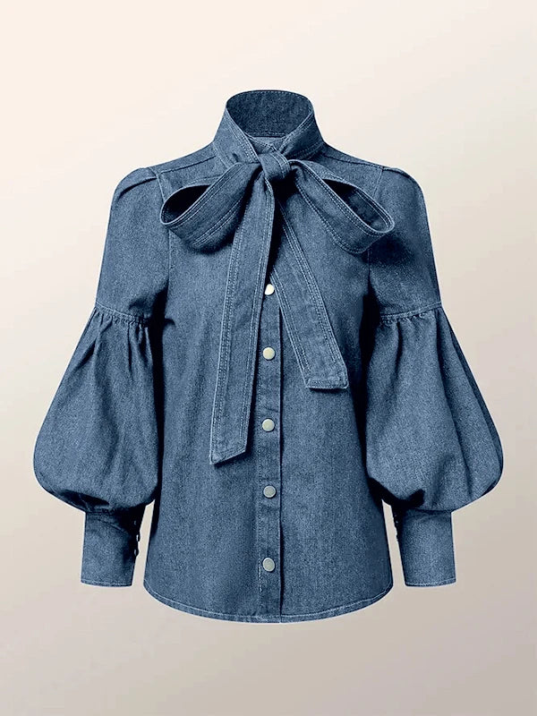 Trendy Imitation Denim Blouse Tops for Women Long Puff Sleeves Bow-Embellished