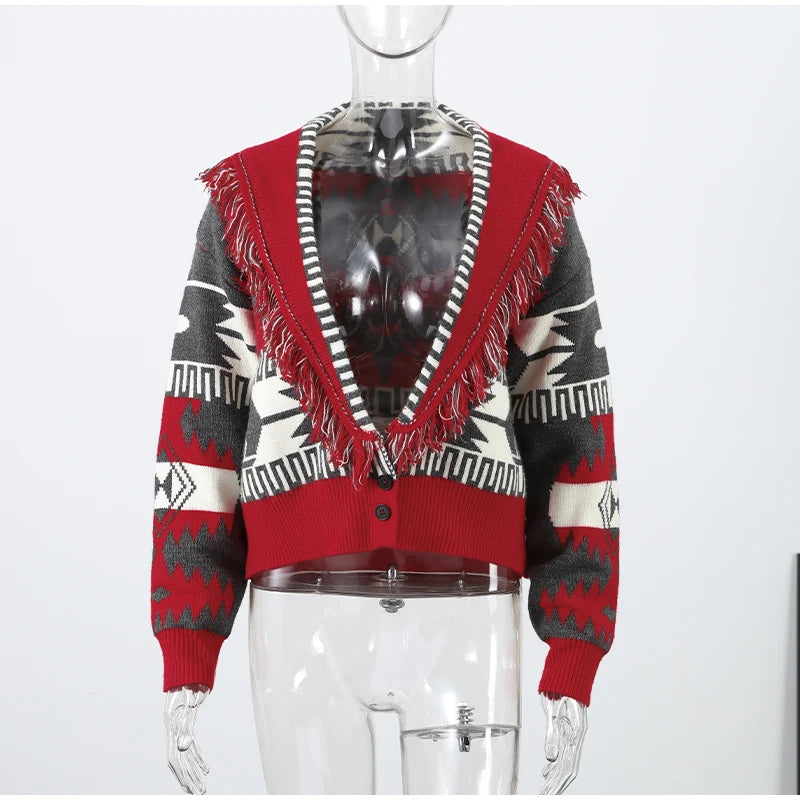 Women's Jacquard Knit Wrap Cardigan with Belt and Fringe Trim