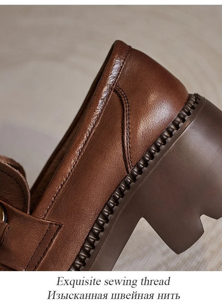 Women's Genuine Leather Loafer Pumps – Thick Square Heel Platform Slip-On with Metal Detail