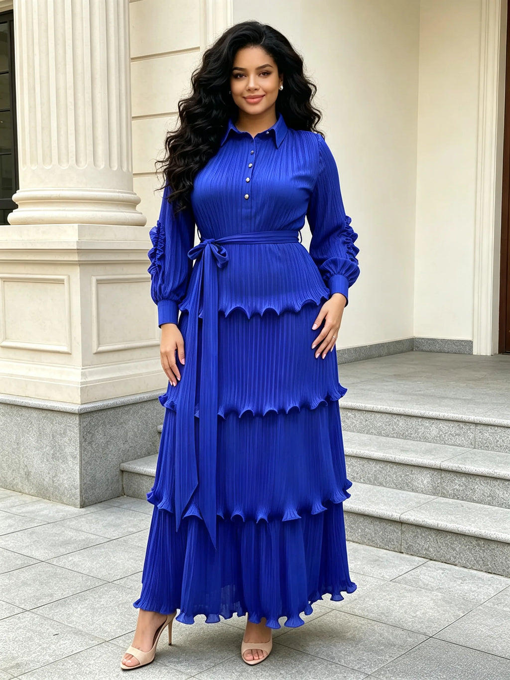 Women's Miyake Pleated Tiered Maxi Dress – Petal Sleeve Belted Long Dress | Elegant African Style